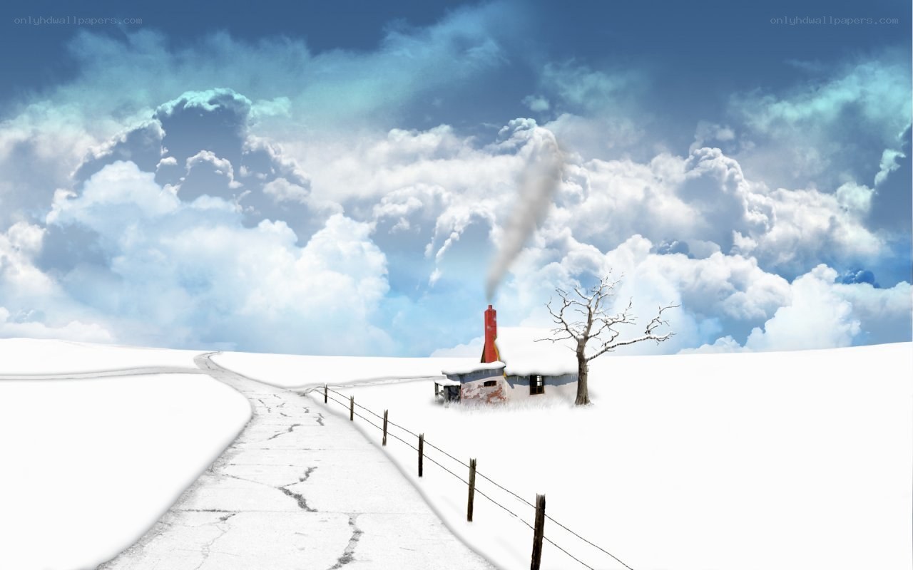 Snowy cabin with smoke