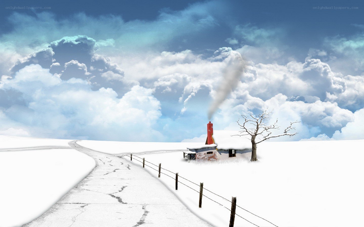 Snowy cabin with smoke