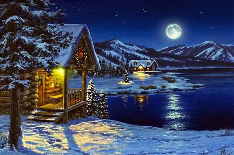 Snowy Cabins at Night