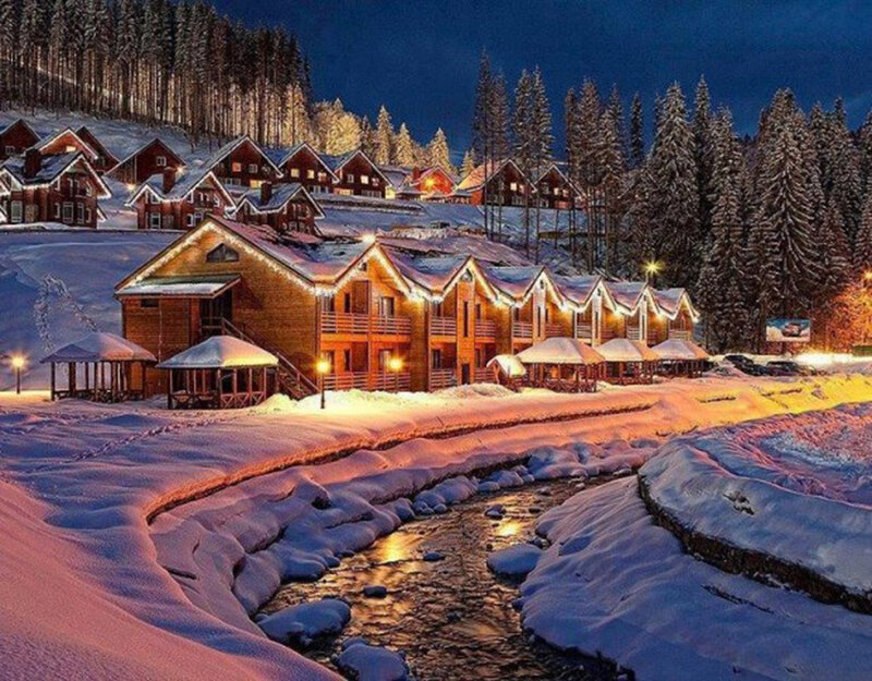 Snowy Cabins at Night — White