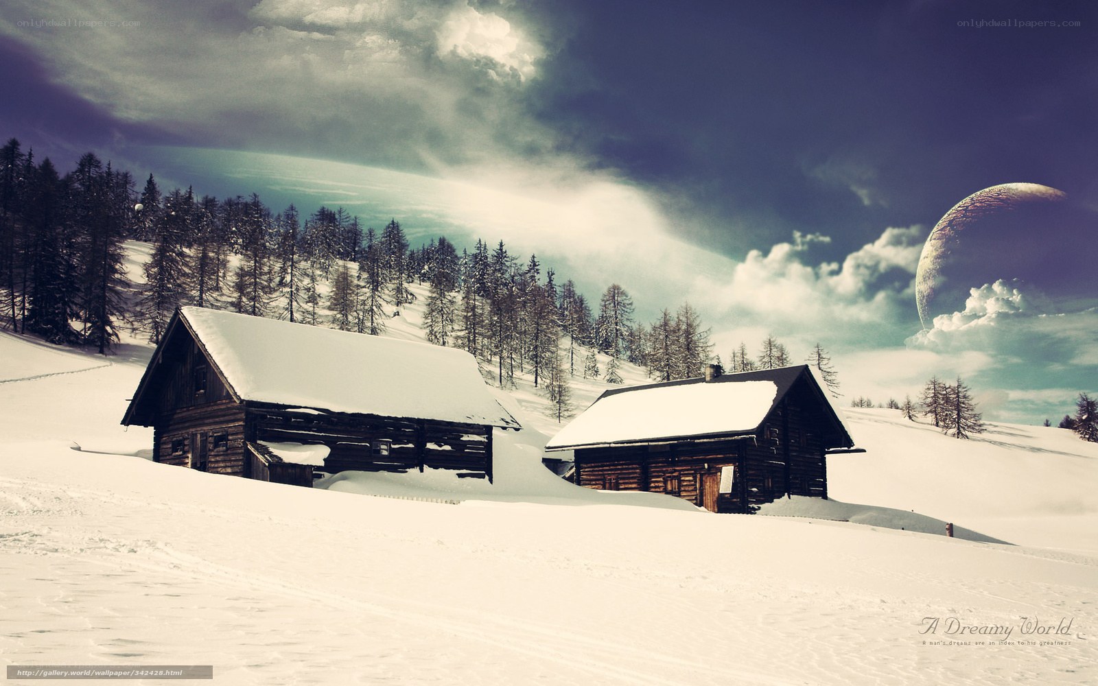 Snowy cabins under alien sky