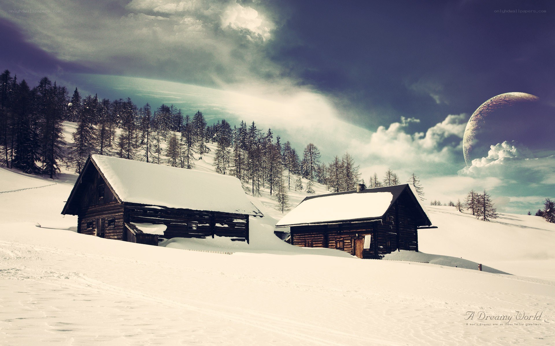 Snowy cabins under alien sky