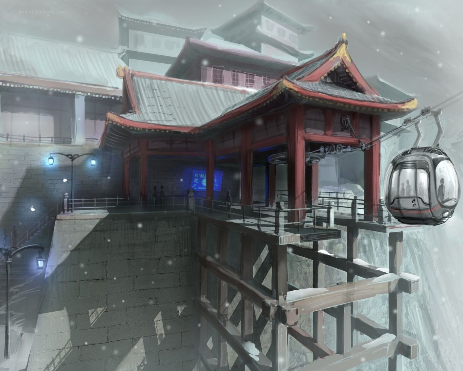 Snowy cable car station