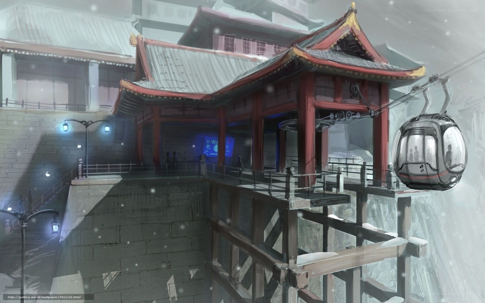 Snowy cable car station