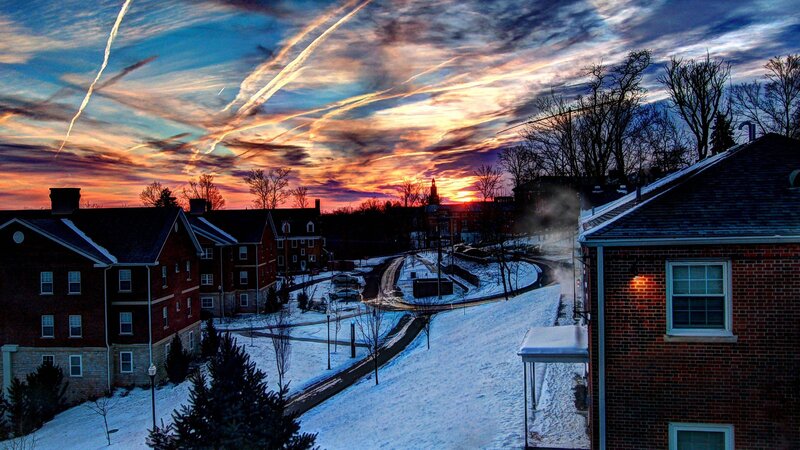 snowy campus at sunset