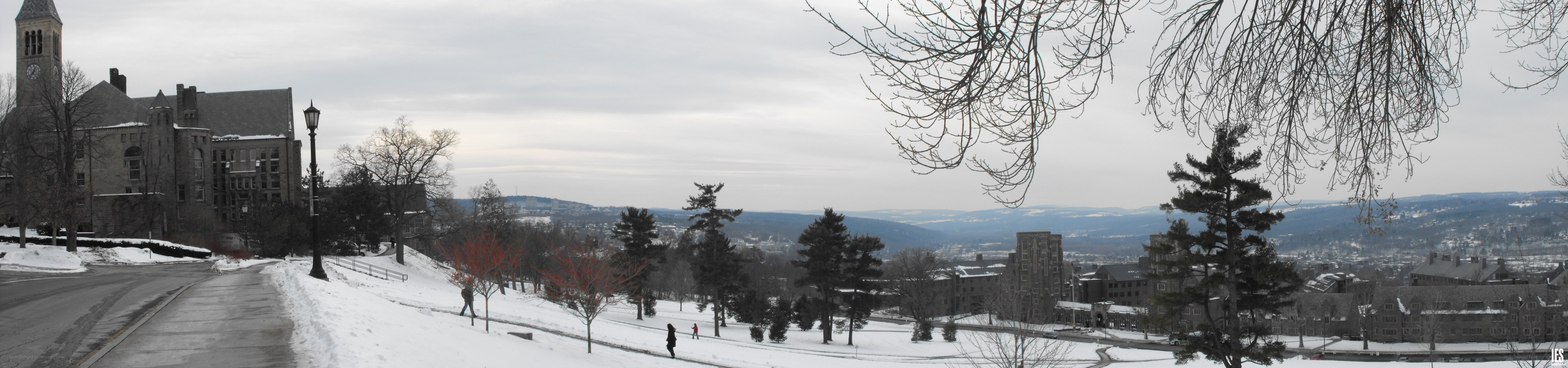 Snowy campus view with clock tower