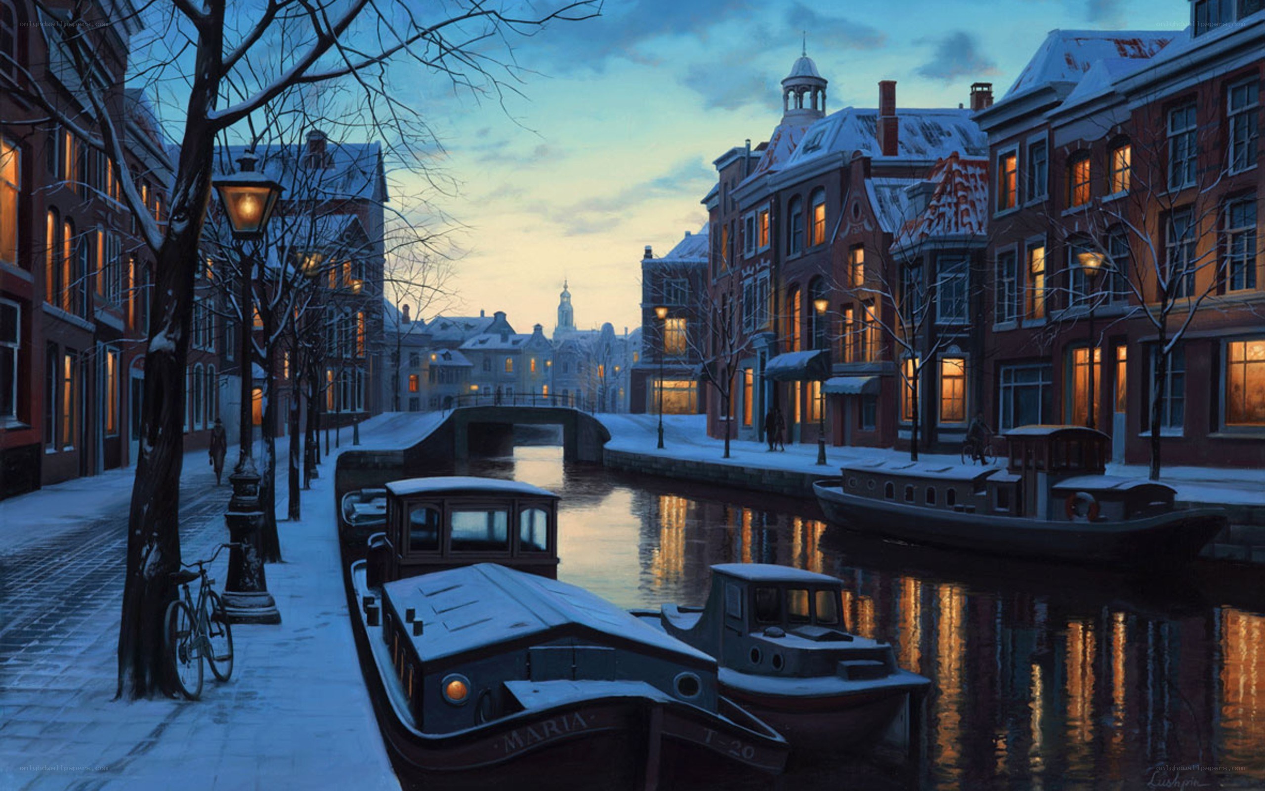 Snowy canal at dusk