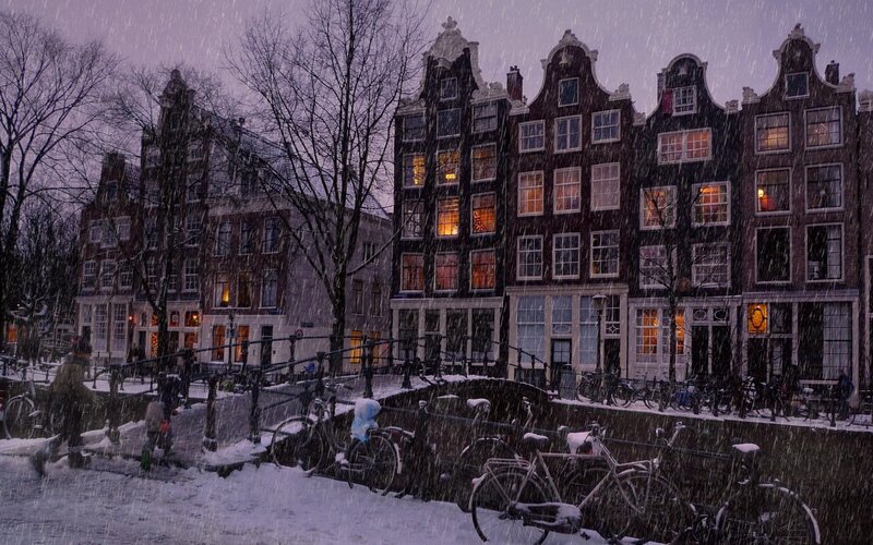 Snowy Canal in Amsterdam — Purple