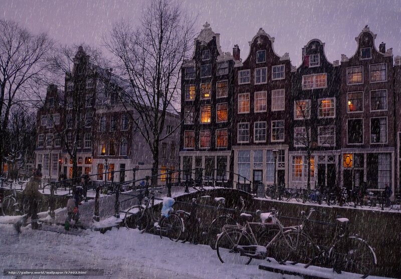 Snowy canal in Amsterdam