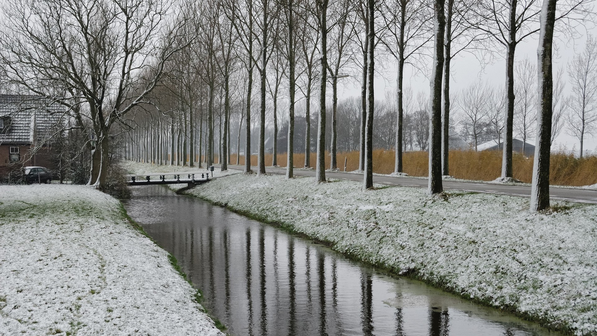 Snowy canal in winter