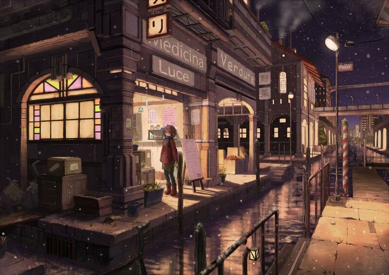 snowy canal street at night