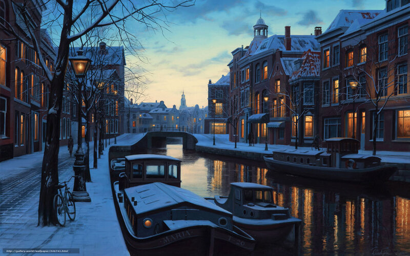 Snowy Canal Town — Blue, Serene
