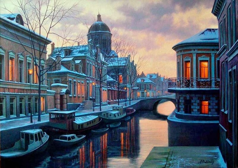 Snowy Canal Town — Blue