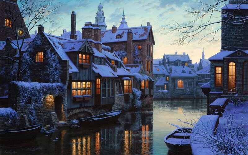 Snowy canal village at dusk