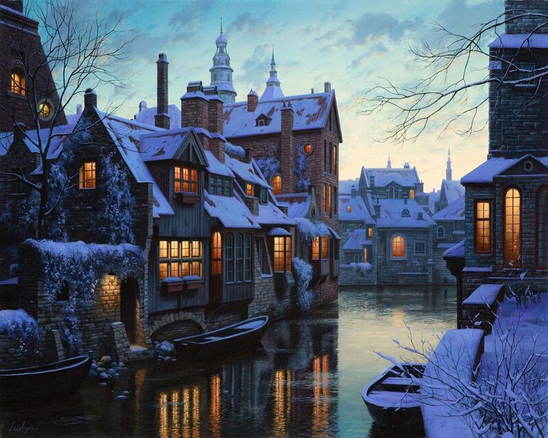 Snowy canal village at dusk