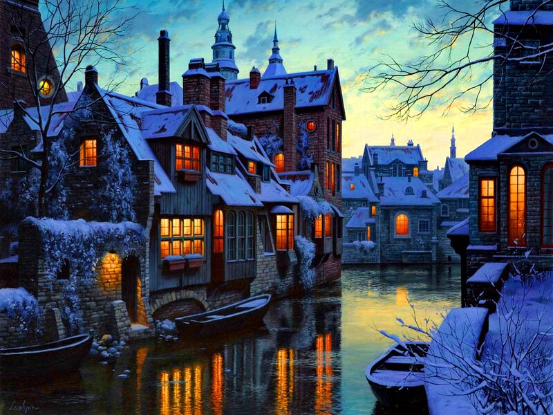 Snowy canal village at dusk