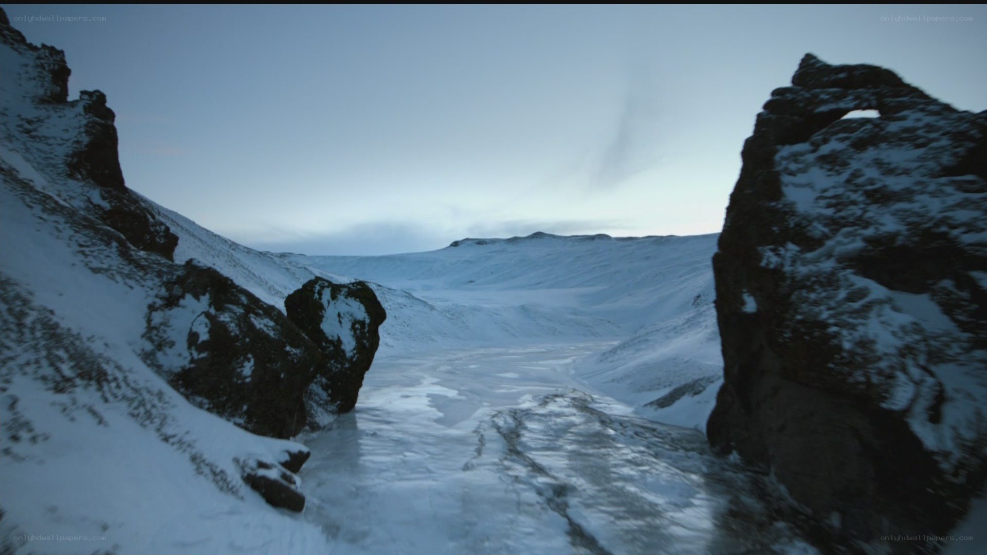 snowy canyon at dusk