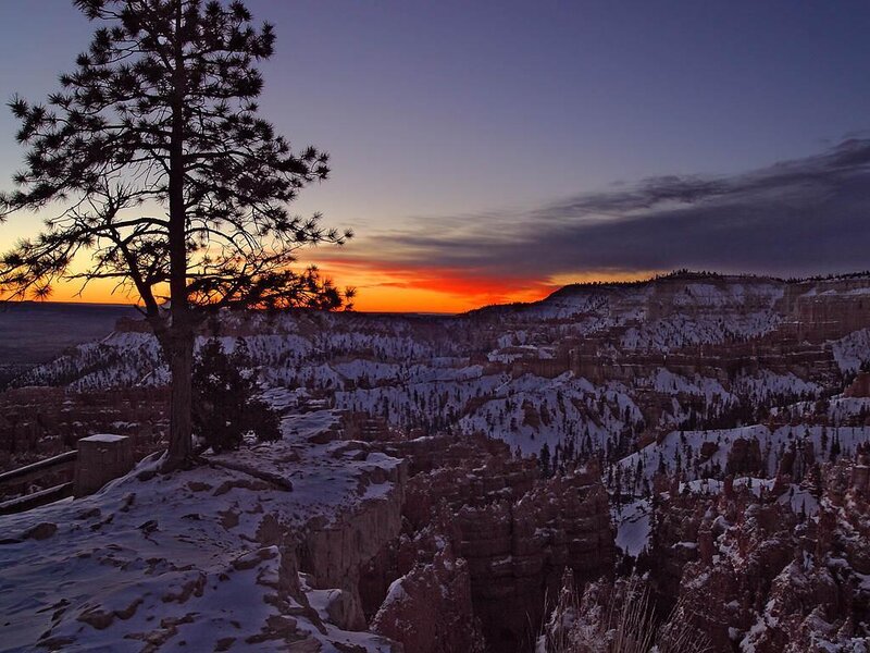 Snowy canyon at sunset
