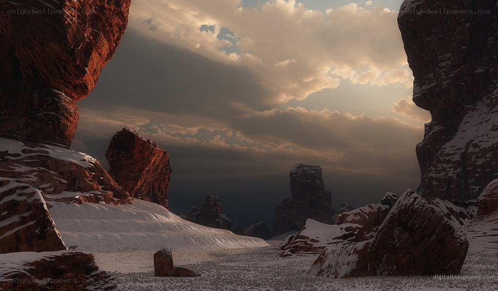 snowy canyon at sunset