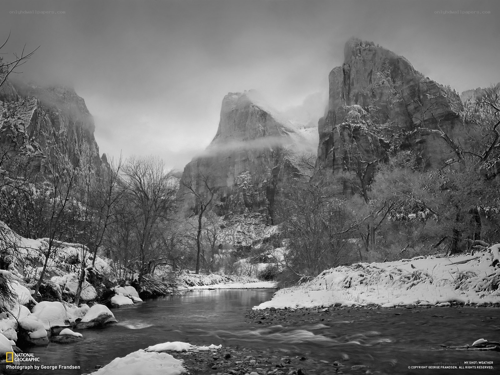 Snowy canyon river landscape