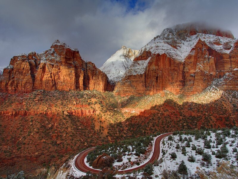 Snowy canyon road at Zion