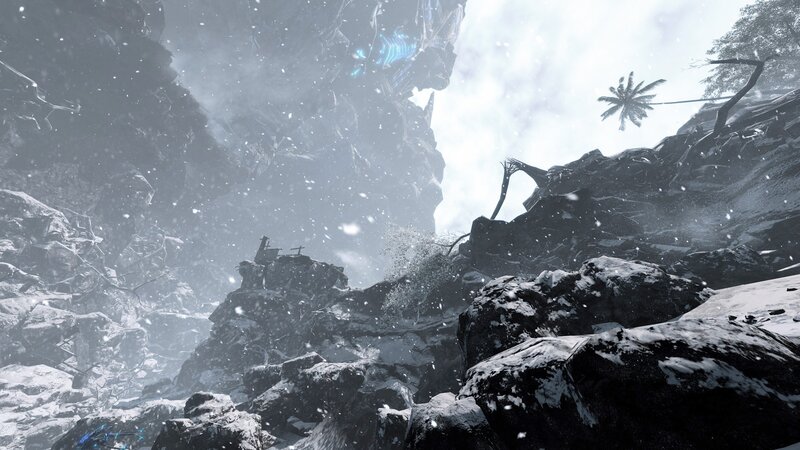 snowy canyon with alien structure