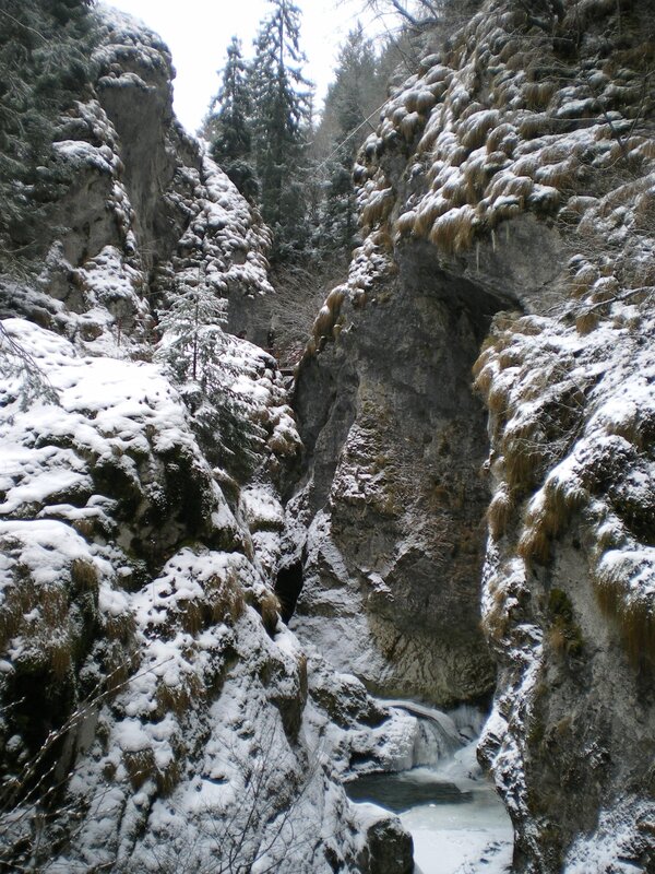 Snowy canyon with frozen stream