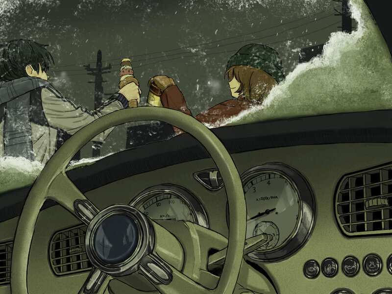Snowy car ride with ice cream