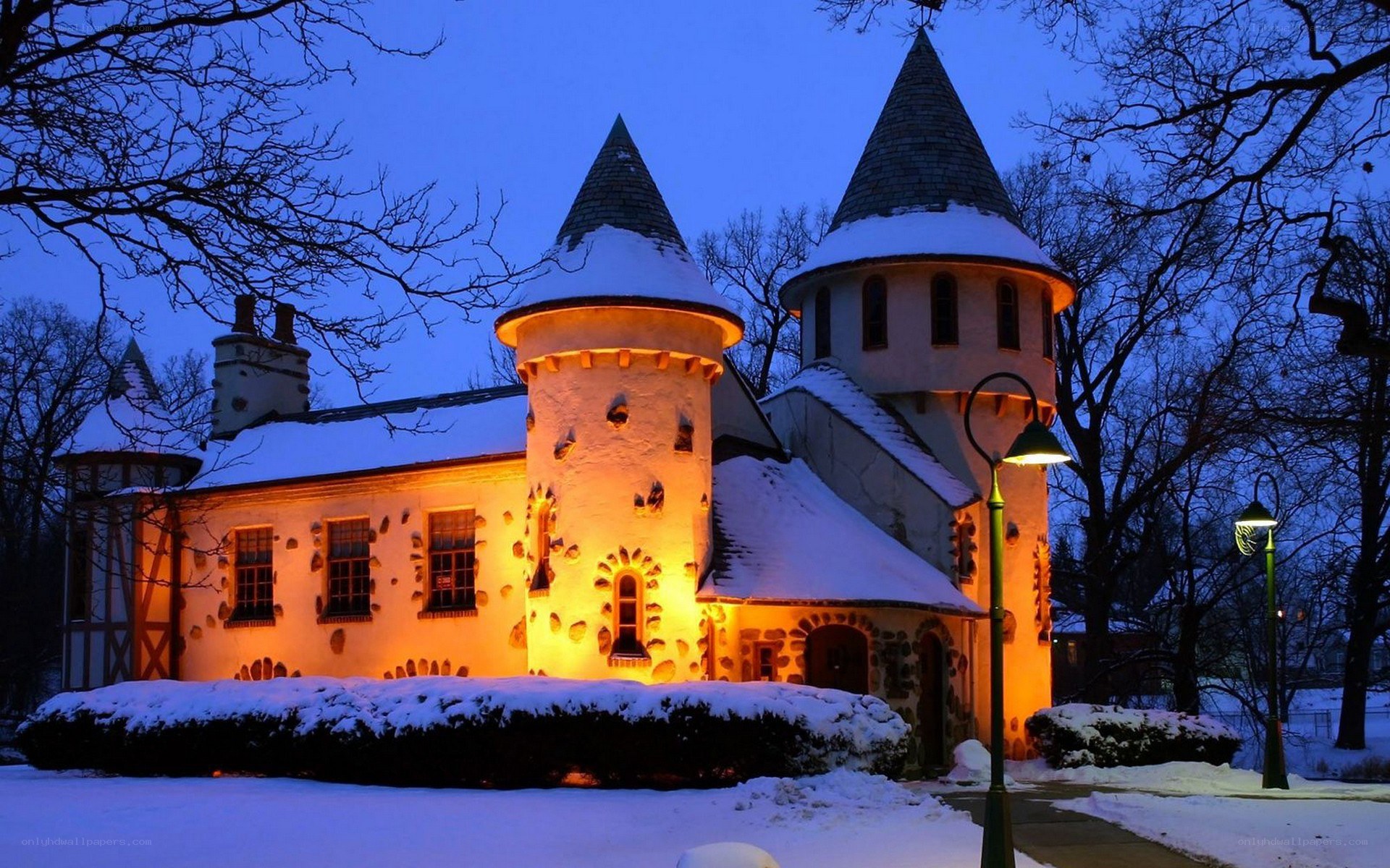 Snowy castle at dusk