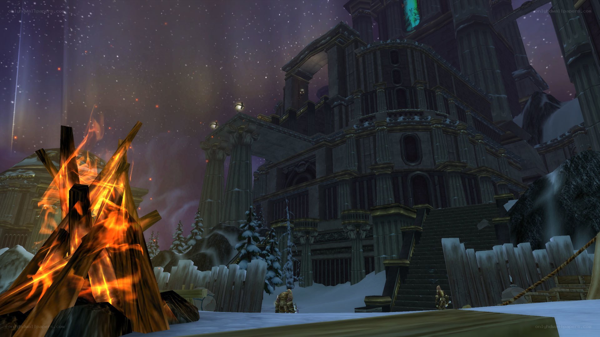 snowy castle at night