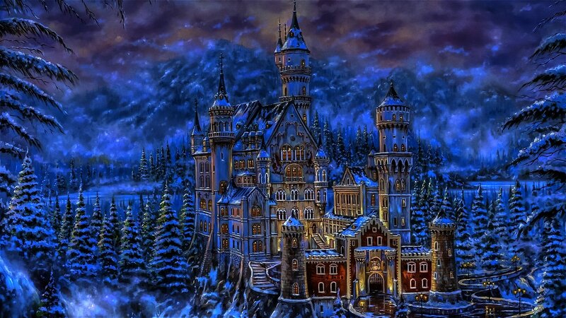 Snowy castle at night