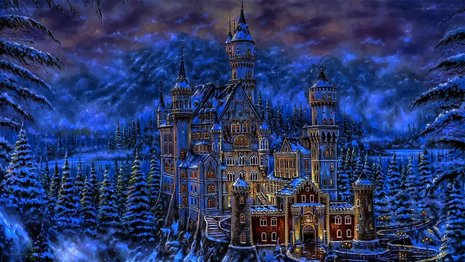 Snowy castle at night