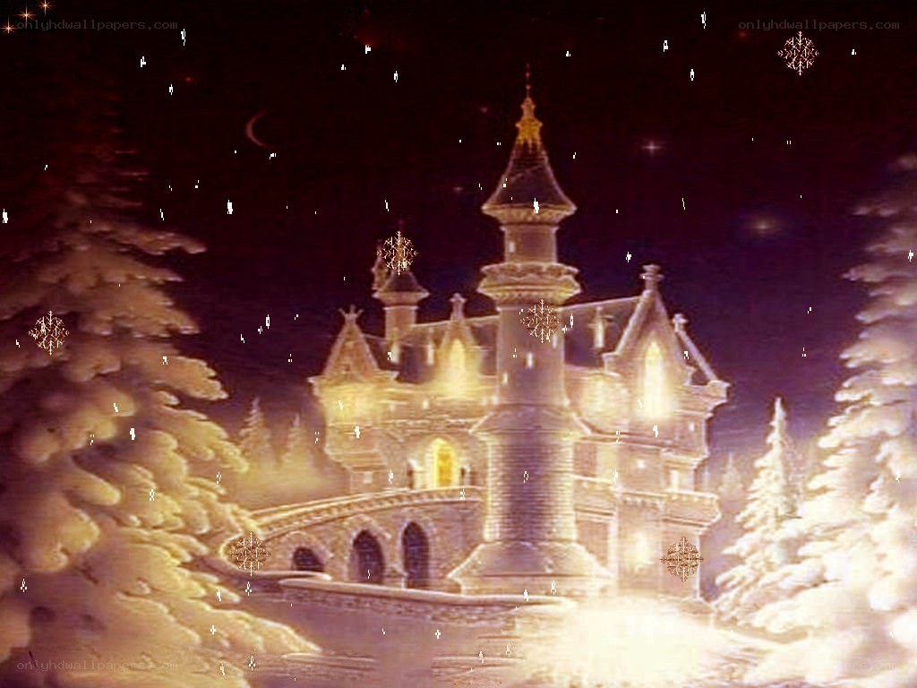 snowy castle at night