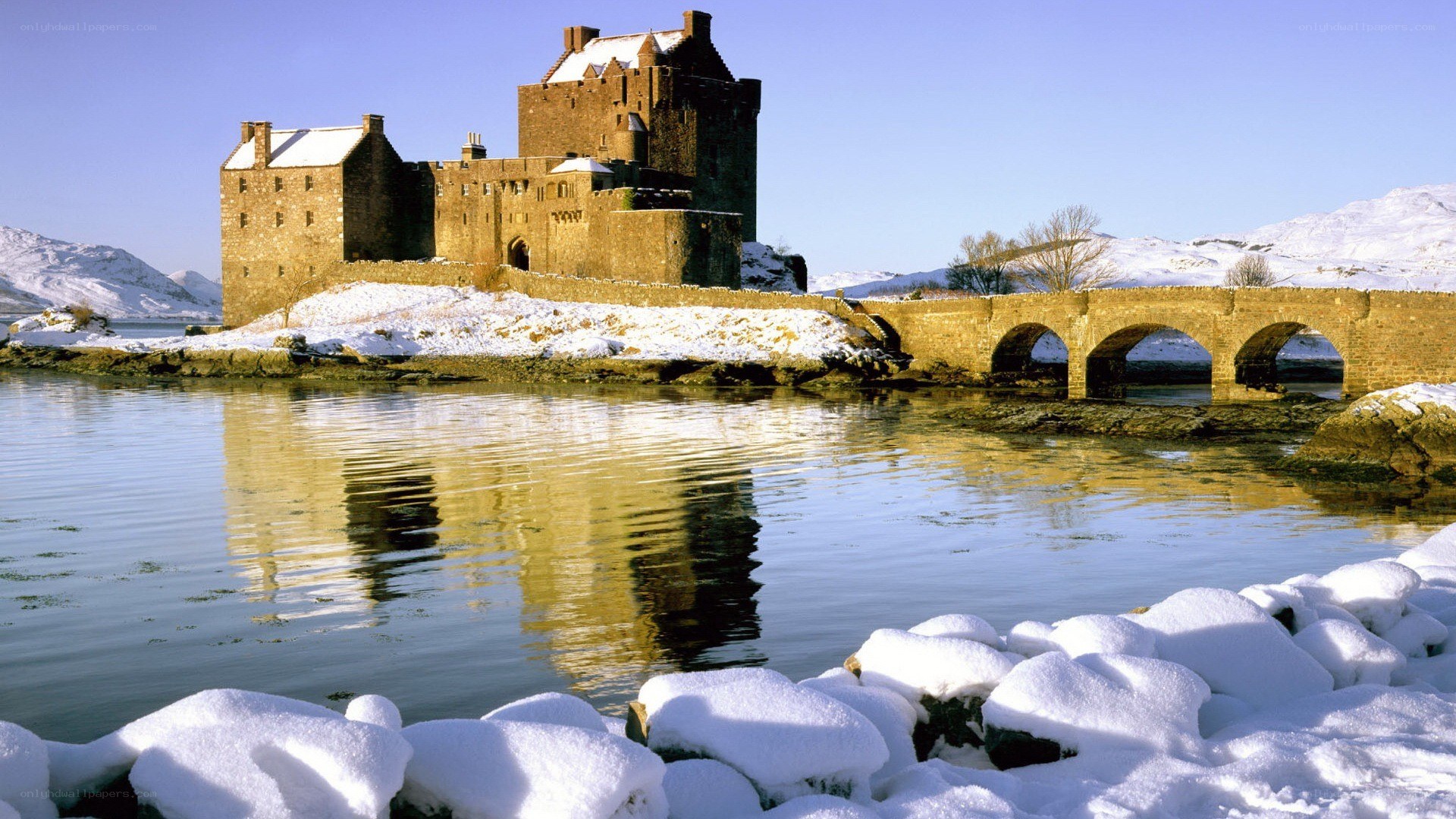 Snowy castle by a loch