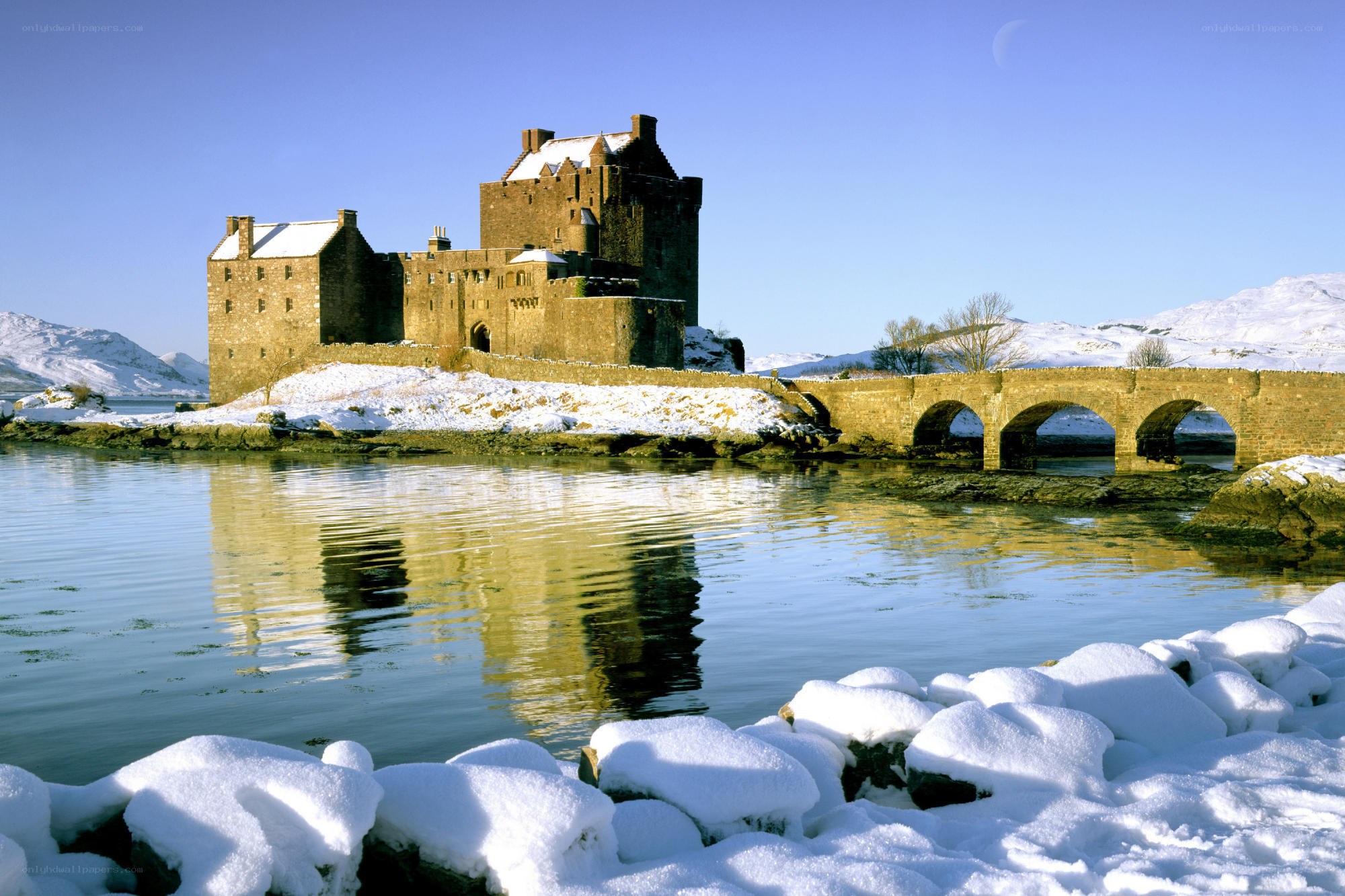 Snowy castle by a loch