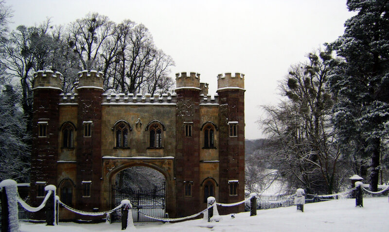 Snowy castle gate in winter