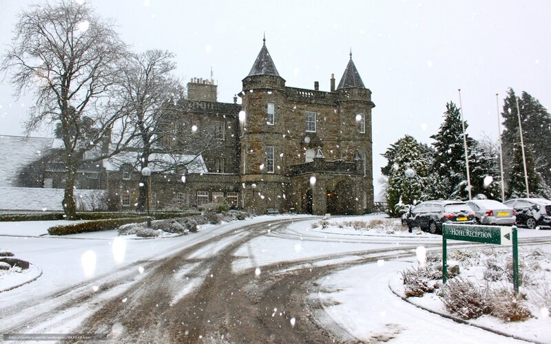 Snowy castle hotel scene