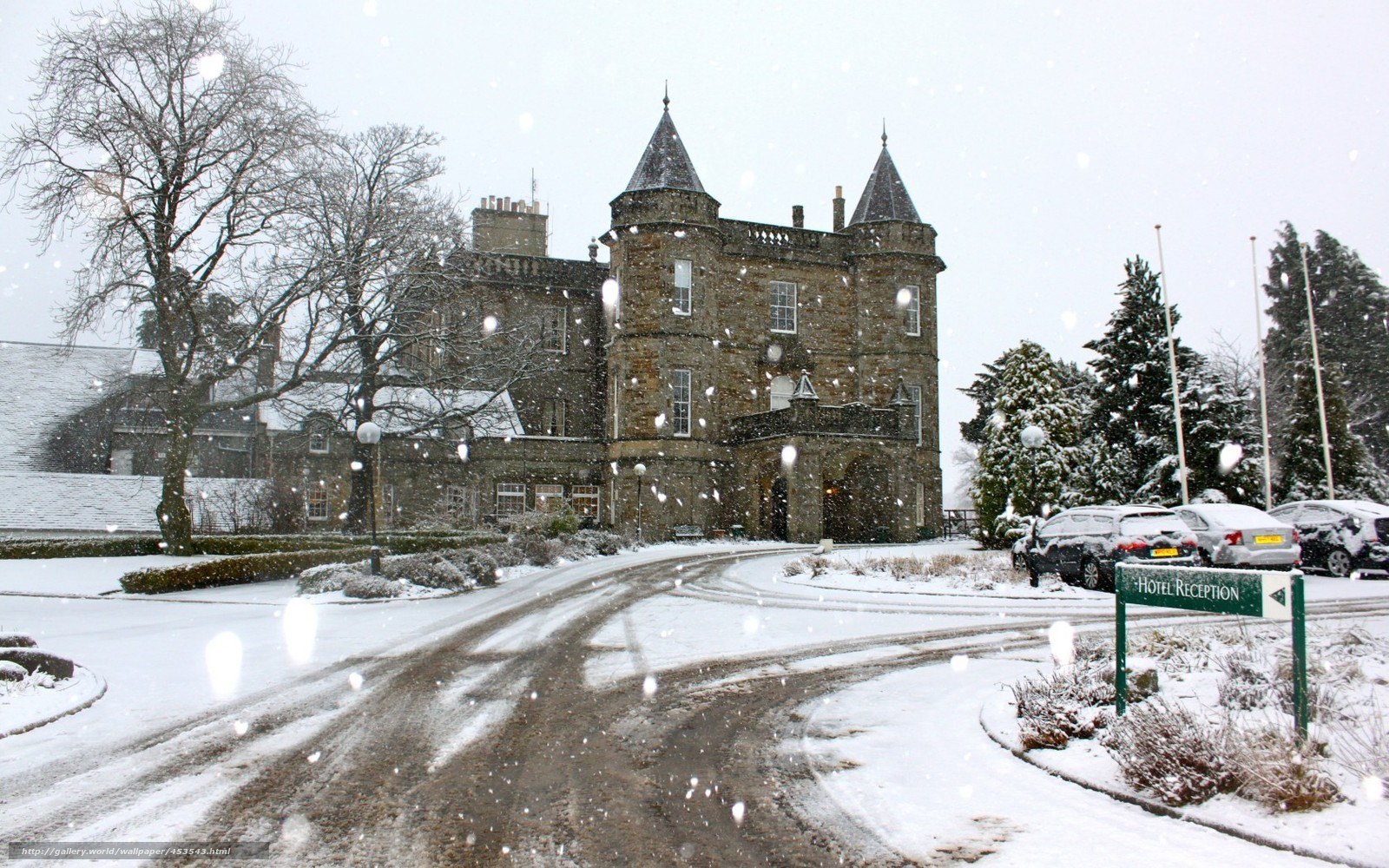 Snowy castle hotel scene