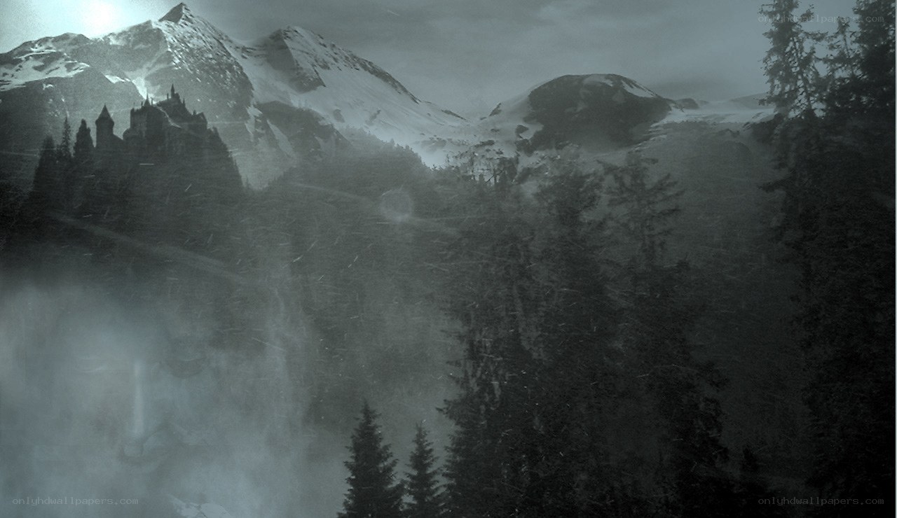 snowy castle in mountains