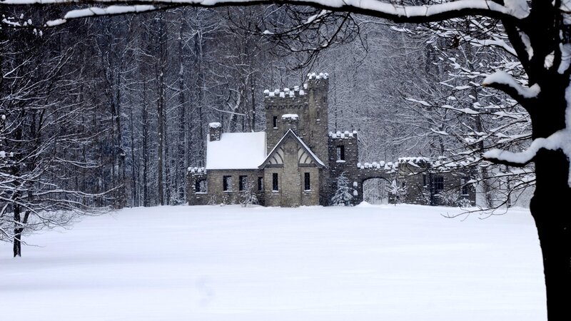 Snowy castle in winter forest