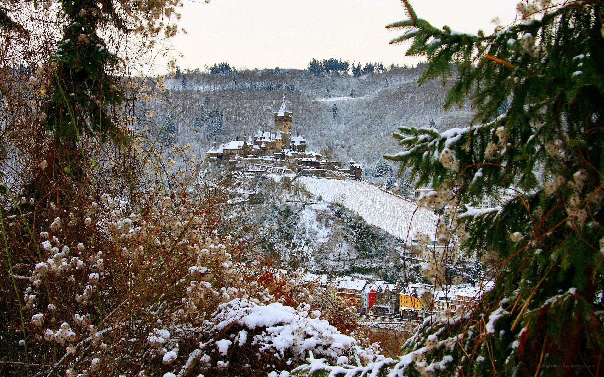 Snowy castle in winter landscape