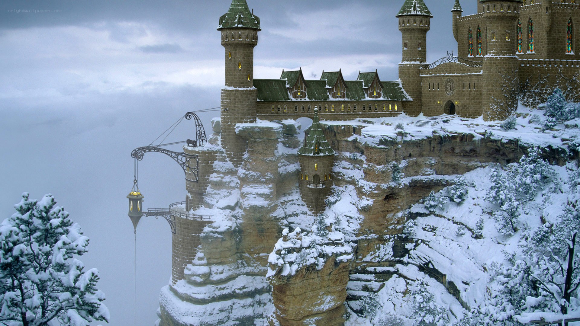 snowy castle on a cliff