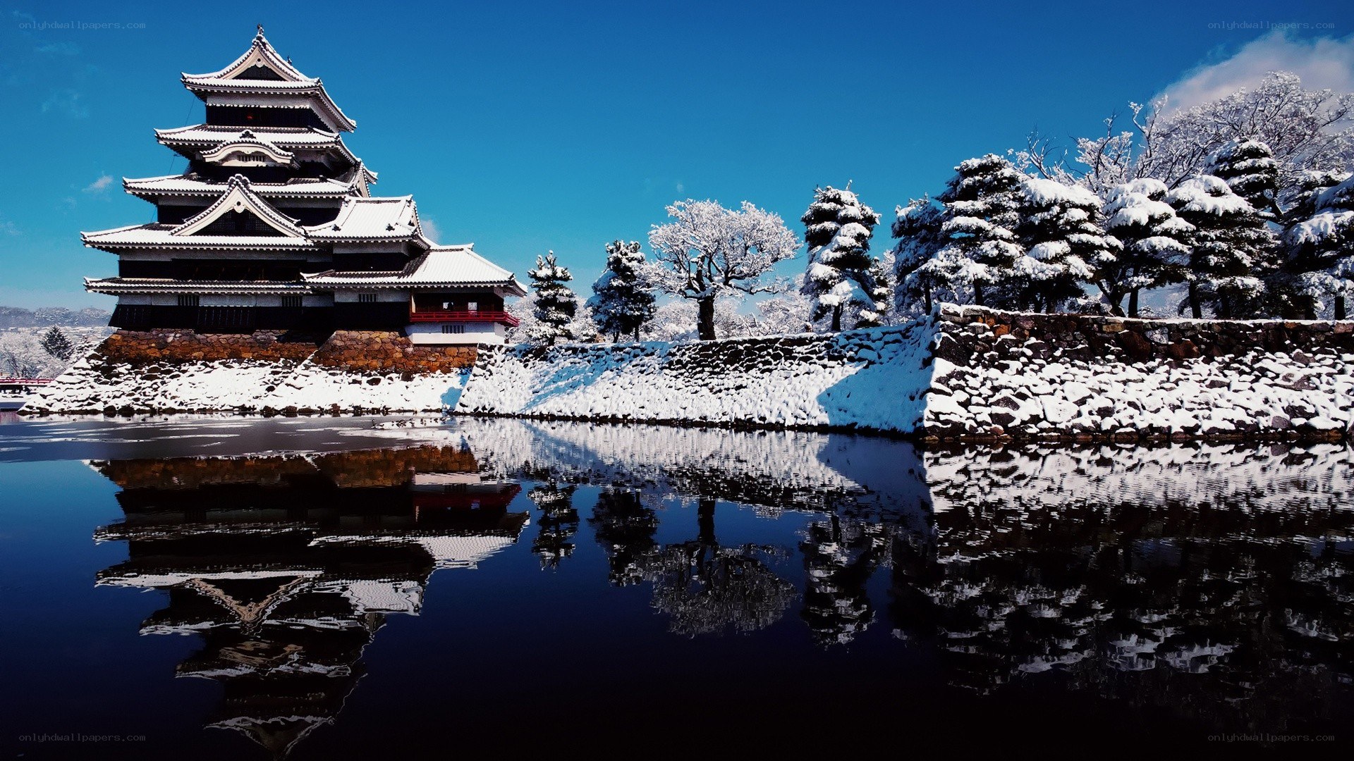 Snowy castle reflection