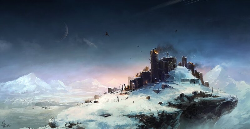 Snowy castle ruin at dusk