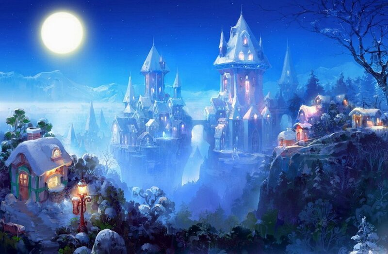 Snowy castle under moonlight