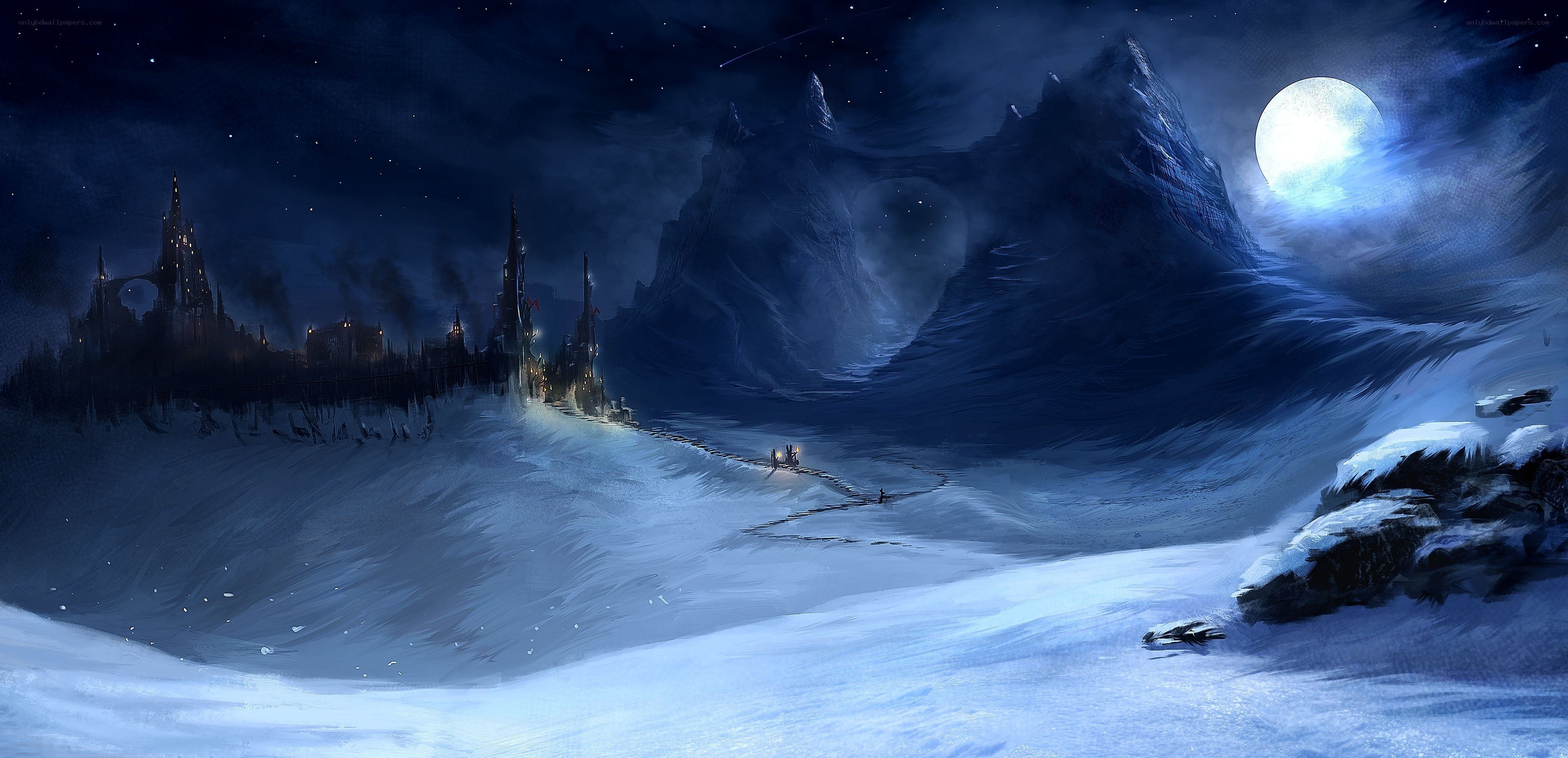 Snowy castle under moonlight
