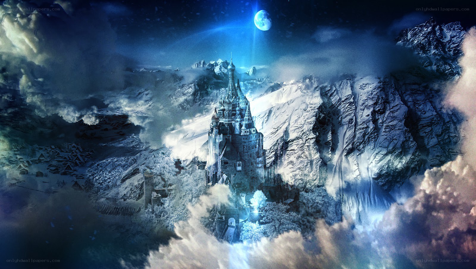 snowy castle under moonlight