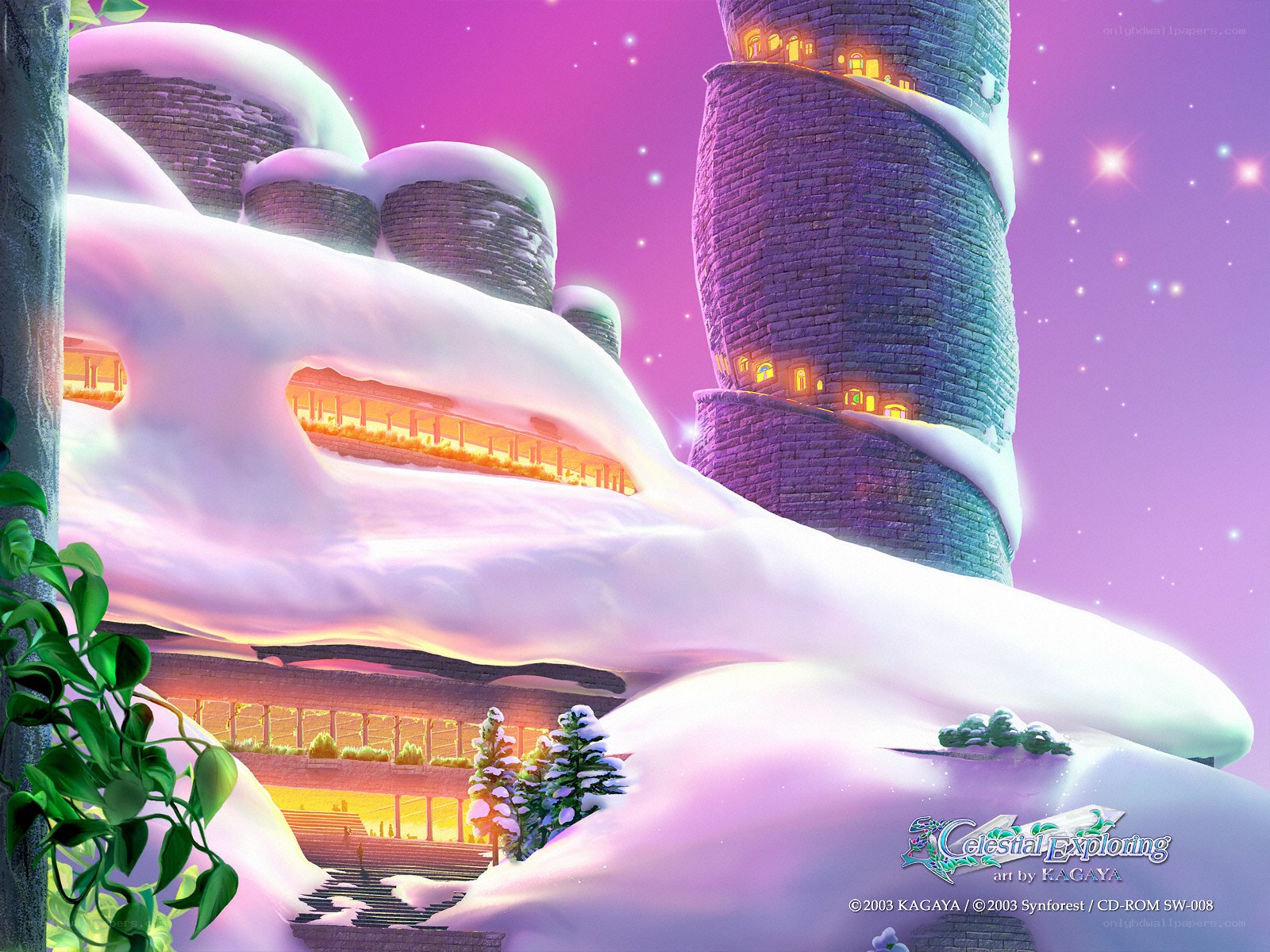 Snowy castle under purple sky