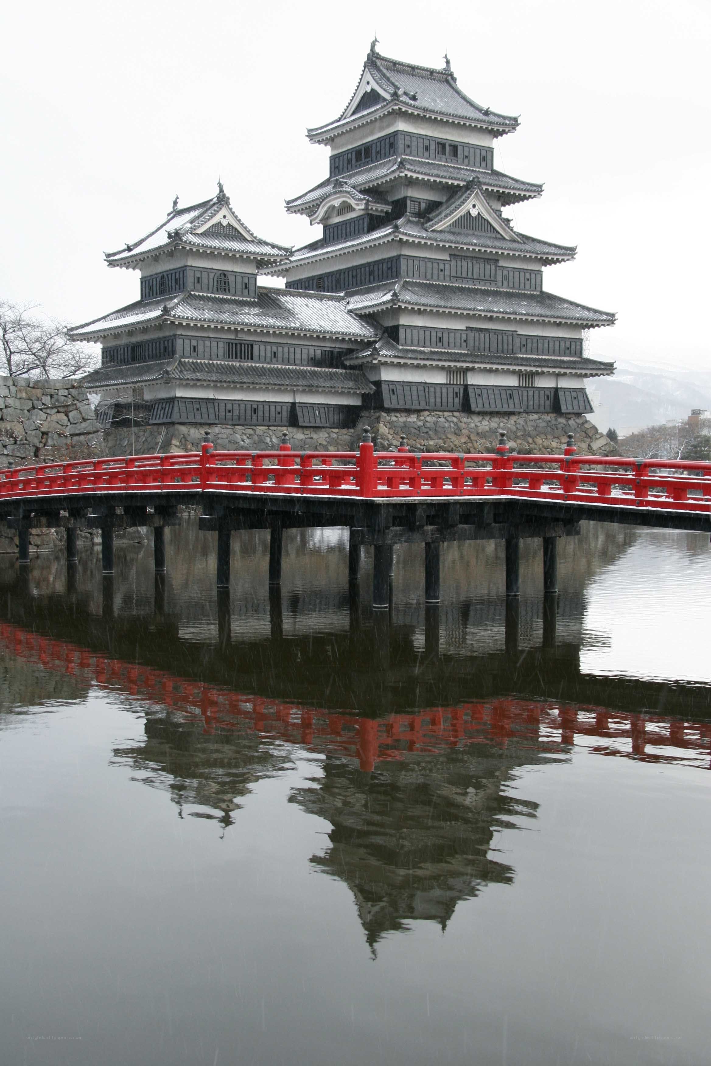 Snowy castle with red bridge