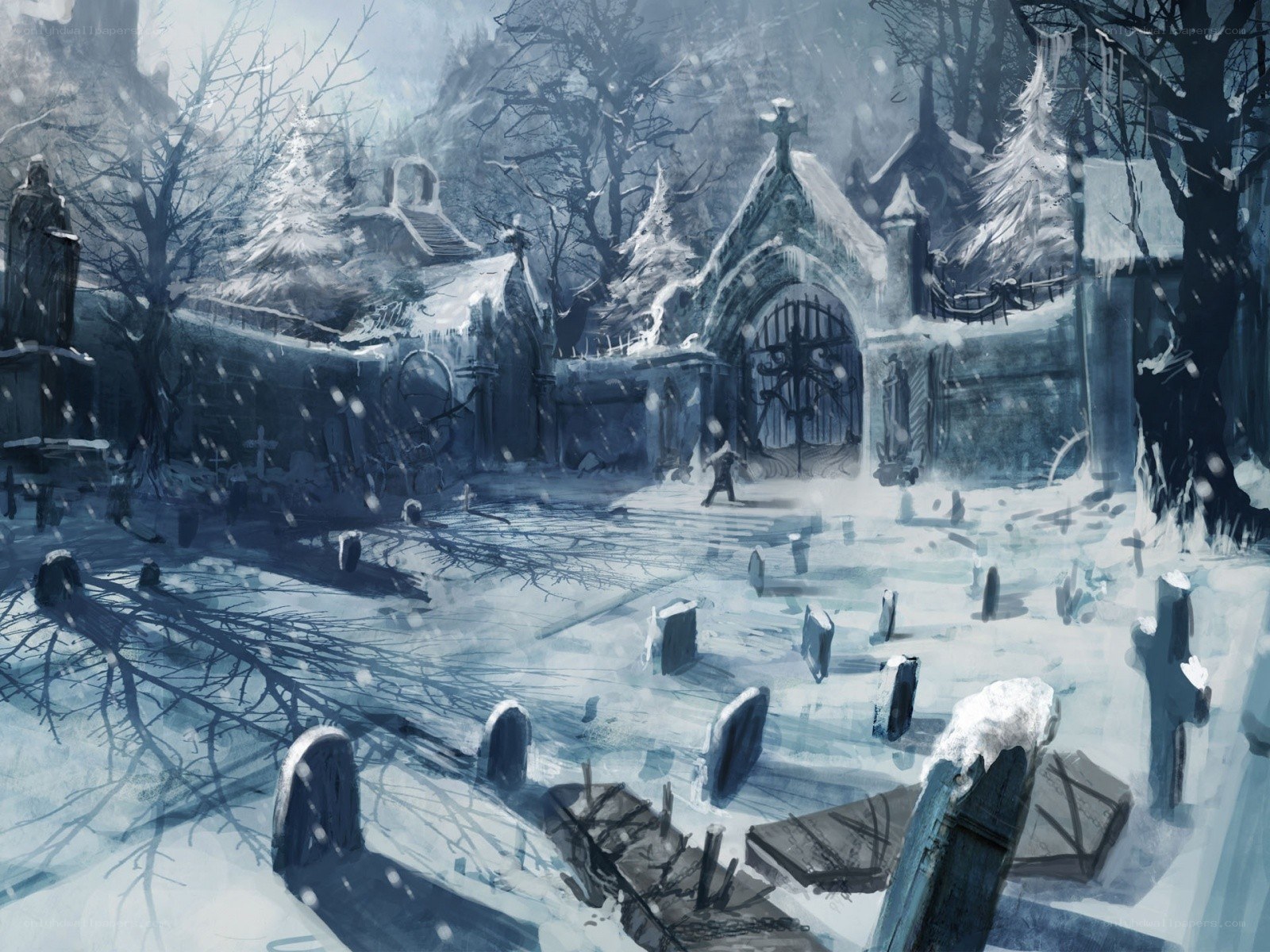 Snowy cemetery at night